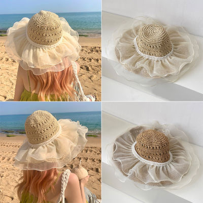 Photography Props Vacation Lace Pearl Womens Summer Beach Outing Sun Protection Cap Straw Hat Sun Hat