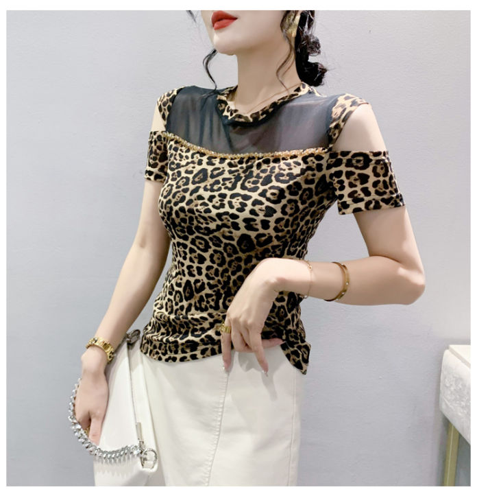 rehin-เสื้อตัวบนสำหรับผู้หญิง-เสื้อยืดแขนสั้นเข้ารูปพอดีตาข่ายลายเสือดาวผ้าตาข่ายประดับด้วยลูกปัดเสื้อเชิ๊ตแฟชั่นฤดูร้อนใหม่
