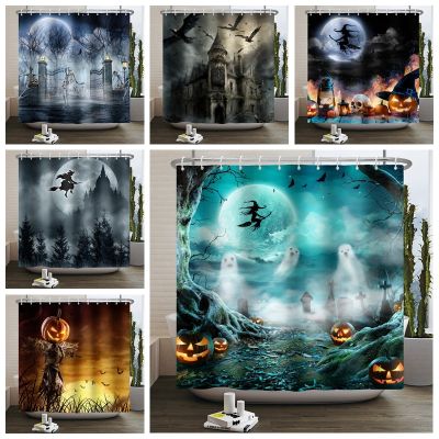 Halloween Shower Curtain Scary Full Moon Night Tombstone Witch Ghost Shower Curtain for Bathroom Skull Pumpkin Bath Curtain