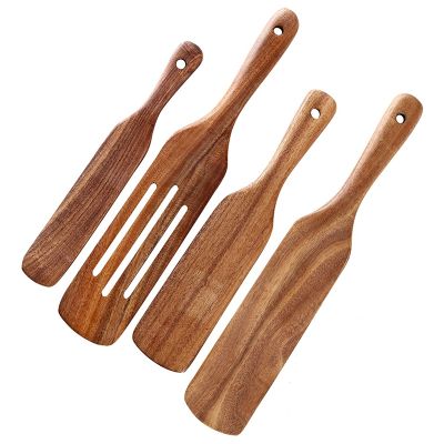 Wooden Cooking Utensils,4 Pcs Natural Teak Kitchen Utensil Set Heat Resistant Non Stick Wood Cookware with Hanging Hole