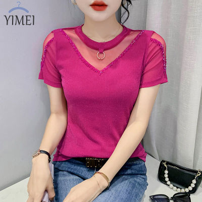 YIMEI Korean fashion beaded t-shirt for women 2023 summer new sexy mesh top for women thin, foreign, slim fitting womens T-shirt