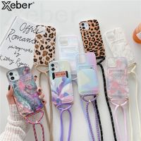 【16- digits】 Crossbody Lanyard Marble Leopard Banana Leaf Card Bag Case สำหรับ iPhone 13 11 12 Pro Max XS X XR 8 7 Plus SE 2 Soft ปลอกซิลิโคน