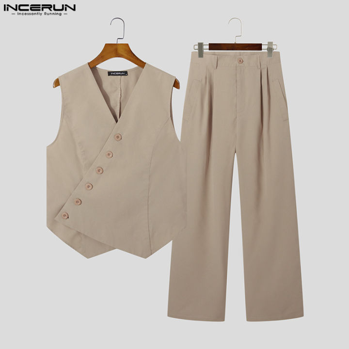 incerun-เสื้อสูทลำลองแขนสั้นสำหรับผู้ชาย2ชิ้นเสื้อสูทเสื้อกั๊กกางเกงชุดเครื่องแต่งกาย-ชุดลำลอง-3