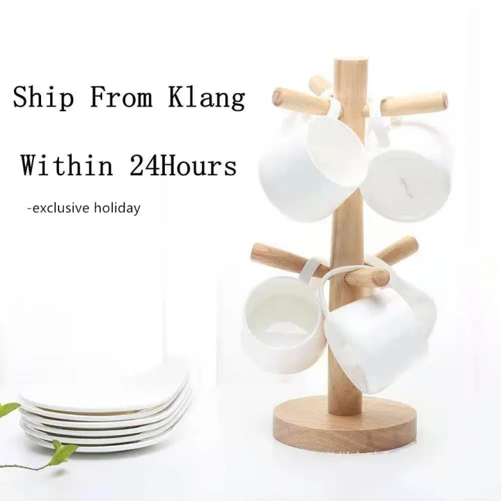 CUP HOLDER TREE SHAPE 6 HOOK WOODEN RACK MUG STAND DRYING DISPENSER