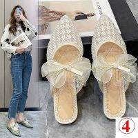 ✙⊕ Influencer Summer Fashion Flat Outer Wear Ladies Sandals Slippers Women Half Support Lace Gauze Breathable Pointed Mules