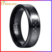BONLAVIE Mens 8mm Wide Tungsten Carbide Ring Inlaid Black Carbon Fiber Black Tungsten Steel Ring High Polished Comfort Fit Size 7-12
