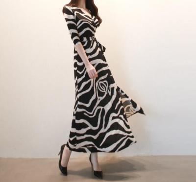 Spring New Arrival V Collar Loose Zebra-stripe Collect Waist Jag Chiffon Long Dress