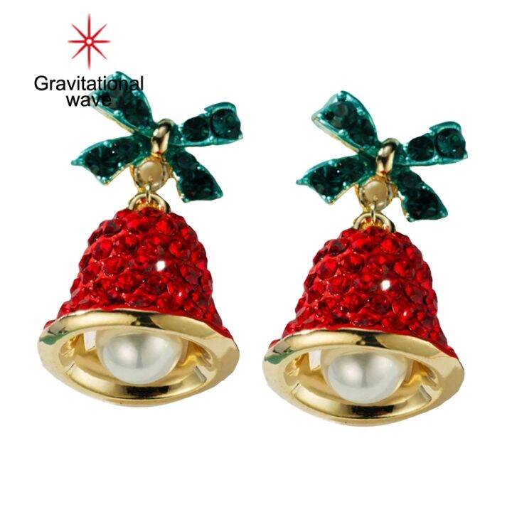 gravitational-wave-women-rhinestone-wind-chime-bell-bow-faux-pearl-stud-ต่างหู-xmas-เครื่องประดับ-gift