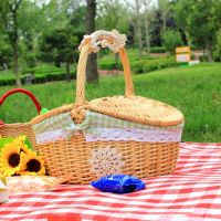 Food Storage Basket Picnic Basket With Lid And Handle Sturdy Woven Body With Cherry Lining For Camping Outdoor Birthday Party