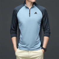 Adidase∮ Ice Silk Long Sleeve Splicing Stand Collar T-Shirt For Men Quick Dry Sports T-Shirt Polo Shirt