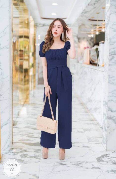 ml043-jumpsuit-จั๊มสูทขายาว-แขนพอง-ช่วงอกจับจีบ-ช่วงเอวมีโบว์ผูก-ไหล่สม็อคยางยืด-เนื้อผ้าซาร่า-ทรงเข้ารูปสวย-งานน่ารัก-ใส่สวยตัวเดียวจบ-นางแบบใส่งานจริง-เนื้อผ้า-ซาร่า-สี-2-สี-กรม-ชมพู-ขนาด-รอบอก-bust