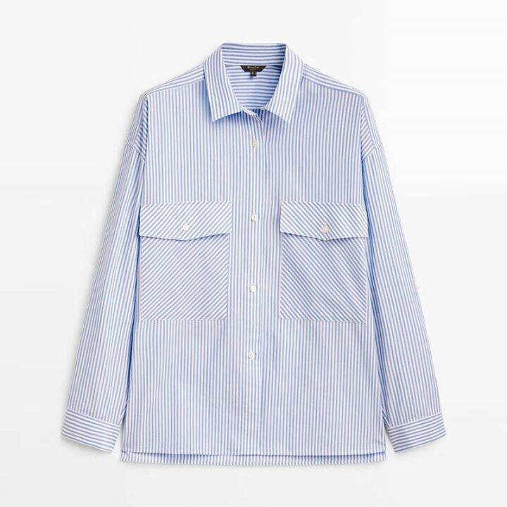 massimo-dutti-คอลเลกชัน2023แฟชั่นฤดูใบไม้ผลิ-ฤดูร้อนของผู้หญิงเสื้อเชิ้ตมีลายหลวมสีน้ำเงินแขนยาวมีกระเป๋าการอาบแดดที่ได้รับการป้องกันและผ้าฝ้ายสวมใส่สบาย