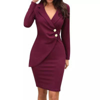 Auumn solid color elegant v-neck slim fit professional dress bodycon women work office dresses.