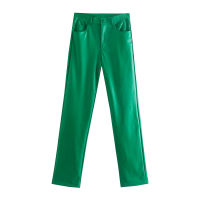 Women Green PU Leather Pants Zipper Female 2021 Autumn Winter Pencil Pants Trousers