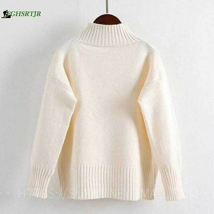 เสื้อถักฤดูหนาวสีทึบแขนยาวสำหรับผู้หญิง-เสื้อสเวตเตอร์ถักทรงหลวมเหมาะสำหรับใส่ไปช้อปปิ้ง