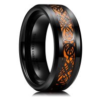 New 8mm Mens Black Stainless Steel Punk Dragon Ring Inlay Orange Carbon Fibre Ring For Men Wedding Band Anniversary Gift Jewelry