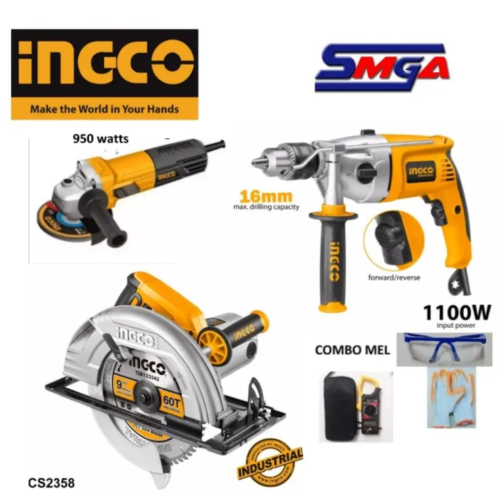 Ingco Combo Circular Saw 2200w, Impact drill 1100watts, Grinder