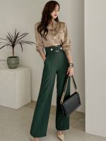 【DT】hot！ New 2 Piece Outfits Formal Shirt Blouse Waist Wide Leg Loose Pant Trousers Mujer Sets