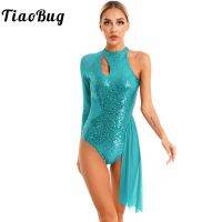 ✧▥☂ Sequins Ballet Dance Dress Women One Shoulder Mesh Long Sleeve Leotard Dancewear Ballroom Lyrical Dance Figure Skating Dress