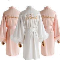 high quality Wedding Party Bride Bridesmaid Robe silky Embroidery Kimono women Satin Bathrobe casual Sleepwear Feather robes