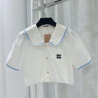 【High Quality】New Letter Embroidered Doll Neck Short Shirt Academy Style Sexy Versatile Reduced Age Bubble Short Sleeve Top