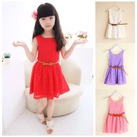 [COD] and children European summer style sleeveless lace mesh hollow flower vest dress with belt ins