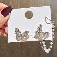 Elegant Asymmetrical Rhinestone Butterfly Drop ต่างหูสำหรับหญิงสาวน่ารักอินเทรนด์ Pearl Chain ต่างหูเครื่องประดับเกาหลี Gifts