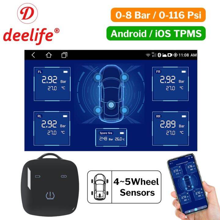 Deelife Car Tpms Android Ios Tire Pressure Monitoring System Spare Tyre Internal External Sensor 7345