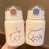 350450Ml Kawaii Bear Thermos ขวดสำหรับร้อนน้ำเย็นสแตนเลสแบบพกพาชากาแฟ Tumbler ฟางดื่ม Bottle