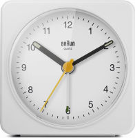 Braun Desk Clock Classic Analogue Alarm Clock with Snooze and Light, Quiet Quartz Sweeping Movement, Crescendo Beep Alarm in White, Model BC03W (Option Select)