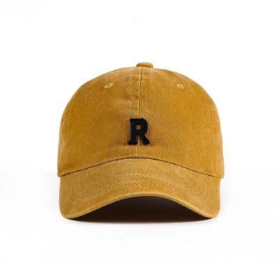 Japanese retro washed, distressed and embroidered R-label peaked cap, outdoor mens sun protection and visor womens baseball cap