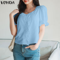 VONDA เสื้อแฟชั่นของผู้หญิงคอสี่เหลี่ยมแขนพองเสื้อรูปตัว H สีพื้น (ลำลองเกาหลี)