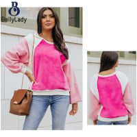 95% Polyester 5% Spandex Fleece Lantern Sleeve Sweater Women Autumn Plush Color Contrast Long-sleeved Pullover Top【fast】