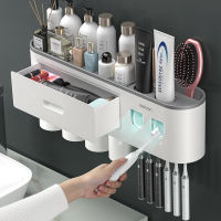 Inverted toothbrush holder, magnetic, double automatic, toothpaste dispenser wringer, arm shelf