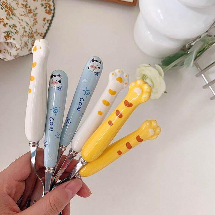 ins-ceramic-cute-cartoon-cat-paw-small-cow-fork-spoon-tableware-dessert-spoon-student-portable-tableware-home-serving-utensils