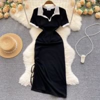 COD DSFGRDGHHHHH Polo Collar Dress for Women Summer Korean Slim Drawstring Pure Desire Wind Split