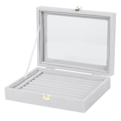 Velvet Glass Ring Earring Jewelry Display Organizer Box Tray Holder Storage Case