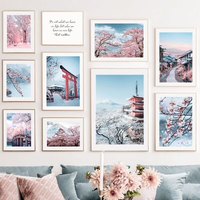 นอร์ดิกศิลปะโปสเตอร์-ฤดูหนาวโตเกียวเมาฟูจิภูมิทัศน์จิตรกรรมดอกเชอร์รี่หิมะอ้างรูปภาพสำหรับบ้านและโรงแรมตกแต่ง-ผ้าใบภาพจิตรกรรมฝาผนัง