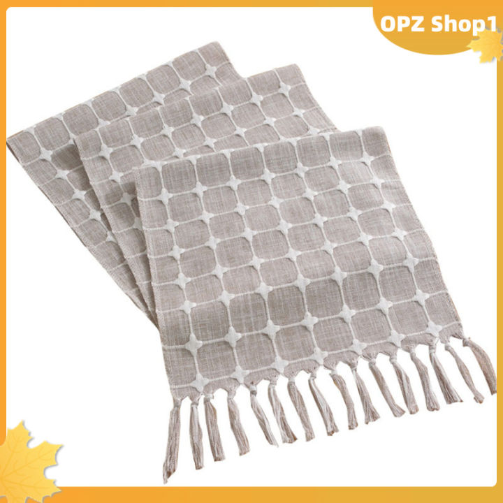 opz-ผ้าคลุมโต๊ะแบบบ้านไร่ลายสก็อตผ้าปูโต๊ะทำด้วยมือมีพู่สำหรับตกแต่งโต๊ะทานอาหาร