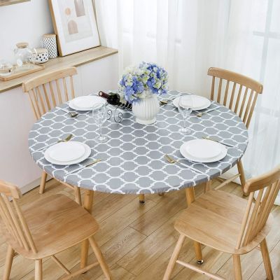 Round Tablecloth with Elastic Edge Waterproof Oil Proof PVC Table Cloth Wipe Clean Table Cover for Indoor and Outdoor