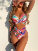 2023 Women Print High Waist Sexy Bandeau Bikini Set Ladies 2-piece Wrapped Pushup Elastic Swimsuit Female Halter Swimwear