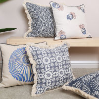 Vintage Navy Blue Pillow Cover Tassels Decoration Flowers Sea Conch Cushion Cover 45x45cm Sofa Pillow Case Pillow Sham