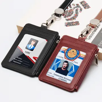 ID Card Holder Black Saffiano Staff Badge Pass Lanyard 