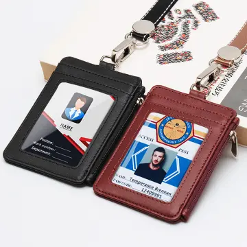 ID Card Holder Brown Saffiano Staff Badge Pass Lanyard 