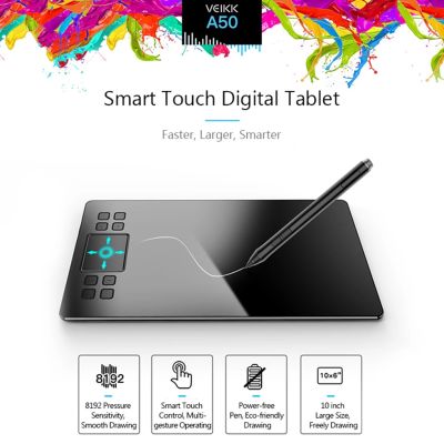 VEIKK Graphics Drawing Tablet with 8192 Pressure Sensitivity Battery-Free Passive Pen Digital Pad Tablet Graphic Illustrator A50