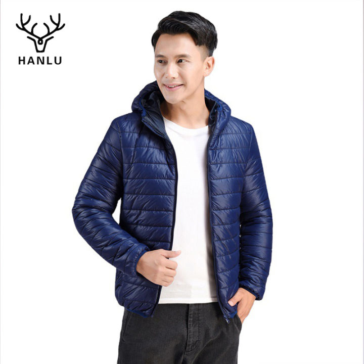 hanlu-ใหม่ผู้ชายน้ำหนักเบาเบาะลงเสื้อผู้ชายฤดูหนาวสไตล์เกาหลีslim-hoodedสีทึบแจ๊คเก๊ตอุ่นคอตตอนผู้ชาย