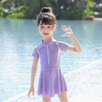 Summer Girls swimwear short sleeve skirt swimsuit new cute baby swimming equipment Purple 2 PCs children swimwear