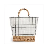 New Straw Bag Plaid Canvas Splicing Bag Rattan Portable Canvas Bag Weaving Bag Lattice Stripe Handbag Rattan Bag