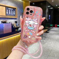 เคสรองรับการกระแทกโซ่กันตกสำหรับ iPhone 14 Pro Max 13 12 11 XR 8 7 XS Max น่ารัก Cinnamoroll ฝาครอบสายคาดที่คล้องโซ่กันตก