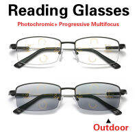 【 Photochromic + Multifocus】 + 100ถึง + 400เปลี่ยนสีแว่นอ่านหนังสือผู้ชายก้าวหน้าหลายโฟกัสแว่นตาซูมอัตโนมัติป้องกันแสงสีฟ้าไกลและใกล้แว่นตา